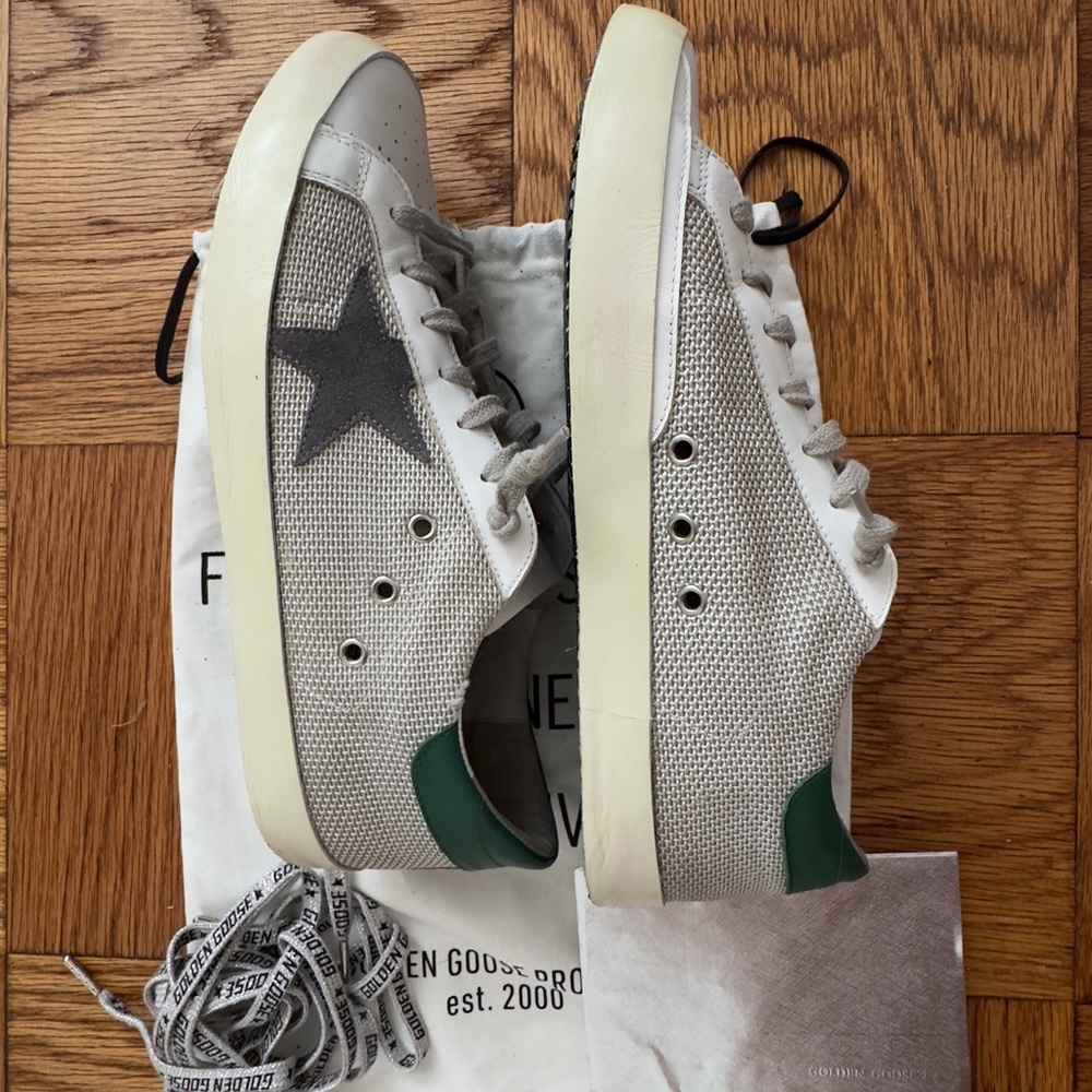 Golden Goose White and Green Sneakers